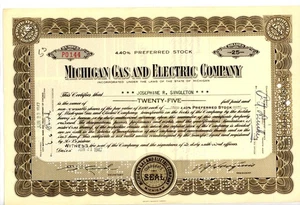 1947 Michigan Gas & Electric Company Stock Certificate Document Stamps Signed - Picture 1 of 3
