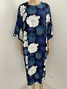 Marimekko S Blue Floral Stretch Viscose Crepe Midi Shift Dress Pockets Pansy - Picture 1 of 11