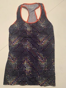 Saucony Women's Tank Top Sz L Running Single Loose Fit Polka Dot Neon Navy Blue - Picture 1 of 6