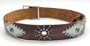Vtg? B-Low The Belt Two-Tone Brown Leather Studded Star/Turquoise Rhombus 31-35 - Picture 1 of 7