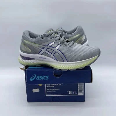 Zapatos para correr ASICS 1012A587-102 Gel-Nimbus 22 para mujer talla 6 blancos/plateados puros Foto 1 de 4