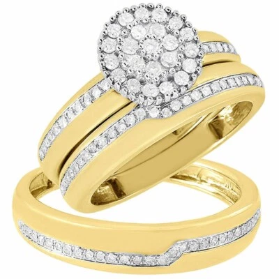 Conjunto de trío de diamantes creado en laboratorio enchapado en oro amarillo de 10 quilates anillo de compromiso boda para hombre Foto 1 de 4