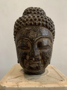 Metal Buddha Bust Head Sculpture Statue Heavy Rustic 5.5” - Picture 1 of 15