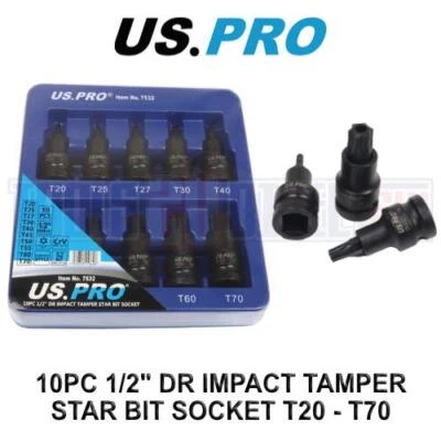 US PRO Tools 10pc 1/2" DR Impact Tamper Star Torx Bit Socket Set T20 - T70 7532 - Image 1 of 3