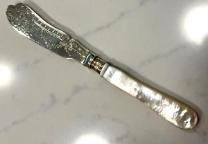 STERLING SILVER CHEESE KNIFE 1896 CARVED MOTHER OF PEARL HANDLE ENGLAND 7" LONG - Picture 1 of 12