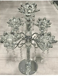 *ELEGANT NEW*5 Tier Lotus CANDLE HOLDER Crushed Diamond Silver Crystals Filled