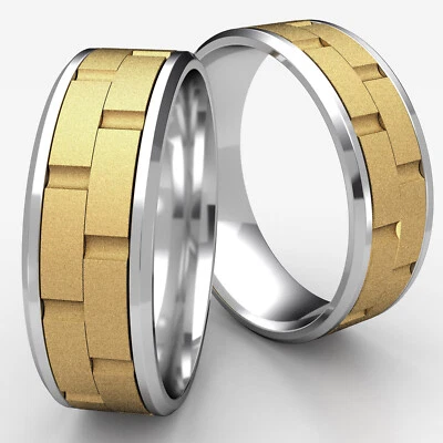Chain Link Beveled Edge Satin Finished Men's 2 Tone Gold Carved 8mm Wedding Band - Image 1 of 4