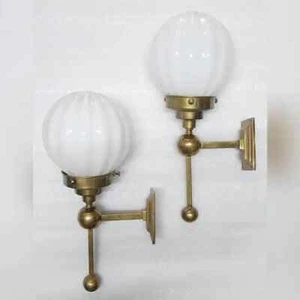 Vintage Art Deco Brass Wall Sconces | Pair of Ribbed Milk Glass Shade Hall Light - Picture 1 of 6