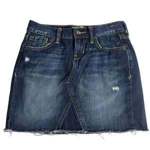 Denim dunkle Waschung Baumwolle Minirock 0 Distressed roher Saum Taschen Boho - Bild 1 von 5