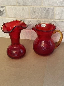 Vintage 1960s MCM Rainbow Crackle Blown Glass Rub Amberina Pitcher and Vase set - Picture 1 of 12