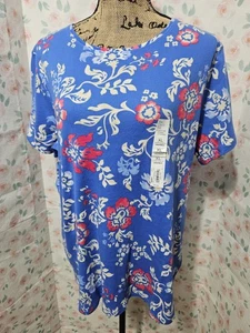 CROFT & BARROW, DAMEN NEUES BLAU/ROSA BAUMWOLLE KURZÄRMELIGES BLUMEN T-SHIRT, GRÖSSE XL - Bild 1 von 7
