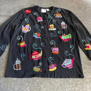 Vintage Michael Simon Coffee Tea Cup Embroidered Cardigan Large Cotton Knit 90s - Picture 1 of 12