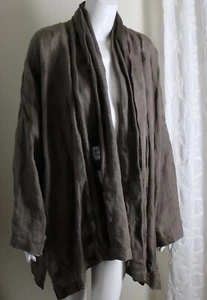 Eskandar 1 O/S Mocha Brown 32"Long Crinkled Basketweave Linen Open Jacket Blazer - Picture 1 of 9