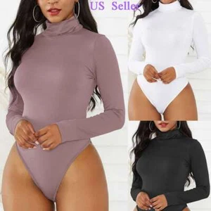 Women High Turtle Neck Bodysuit Long Sleeve Leotard Charm Fashion Jumpsuits Tops - Picture 1 of 15