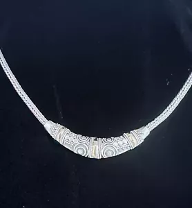 Two-Toned 925 Sterling Silver Bali Woven Chain Necklace 18K Yellow Gold Accents - Picture 1 of 10