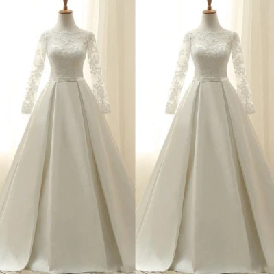 Vestidos de noiva muçulmanos de cetim manga comprida gola redonda apliques de renda vestidos de noiva - Imagem 1 de 4