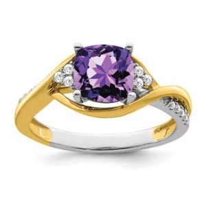 14K Solid Two Tone Gold Cushion-Cut Amethyst Diamond Ring - Picture 1 of 64