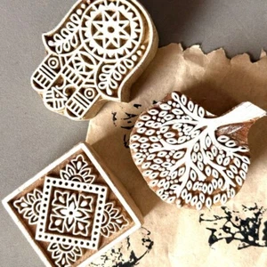 Estampillas en bloque de madera, diseño tradicional indio, juego de 3, mano de Hamsa, cuadrado de mandala - Imagen 1 de 7