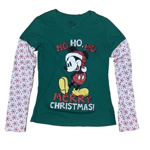 DISNEY Shirt YOUTH XL 15-17 MICKEY SANTA HO HO Merry Christmas Green Red Shirt - Picture 1 of 18