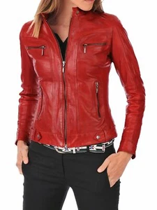 Women's Moto Biker Genuine Lambskin Leather Red Jacket Slim Fit Stylish Outfit - Picture 1 of 7