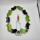 Vintage Valentien Holly Wreath &amp; Candle Holiday Suncatcher Stained Glass