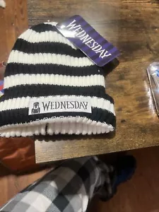 Wednesday the Addams Family Black White Striped Beanie - Picture 1 of 2