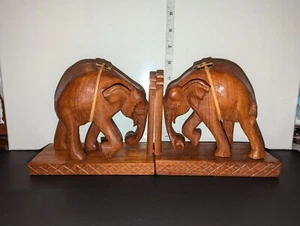Vintage Hand Carved Teak Wood Elephant Bookends Thailand w/saddle - As Is - Picture 1 of 4