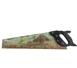 Vintage Painted Hand Saw Farm House Barn in Field Painting Decoration 23" Signed - Picture 1 of 21