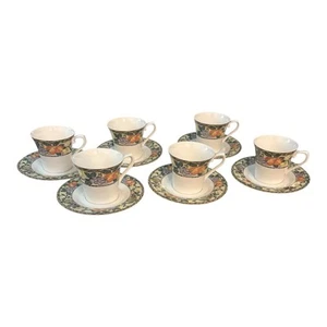 SIX Tea Cup Saucer Set Mikasa Ultima Chelsea Court Mosaic Floral Fruit Design - Picture 1 of 9