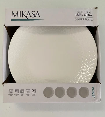 New Mikasa JENNA Set 4 Dinner Plates 10.75" Bone China White MIKASA Plate Jenna