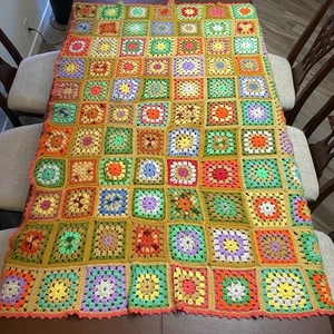 VTG Handmade Colorful Orange Roseanne Granny Square Wool Afghan Blanket Throw - Picture 1 of 8