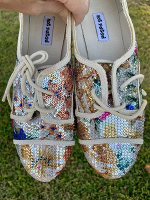 MULTICOLOR SEQUIN LACE UP FLATS — SNEAKERS — NEW IN BOX — 7.5 - Image 1 of 4