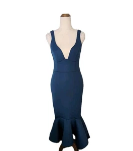 ASOS Blue Plunge Mermaid Hem Sleeveless Midi Dress Size US 4 UK 8 EU 36 - Picture 1 of 5