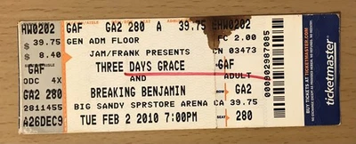 Talón de boleto de concierto Three Days Grace/Breaking Benjamin Huntington WV 2010 Foto 1 de 2