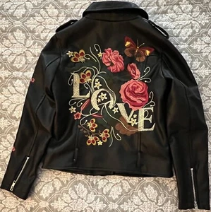 Hannah Banana Blk Vegan Faux Leather Jacket Love Butterflies Girls Sz 12 Nice!! - Picture 1 of 8
