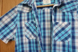 Mens Blue Summer Check Short Sleeve collared Easy Shirt with pockets Size M - Picture 1 of 8