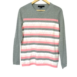 Tommy Hilfiger Cotton Sweater Womens S Pink Gray Argyle Academia Crew Preppy - Picture 1 of 9