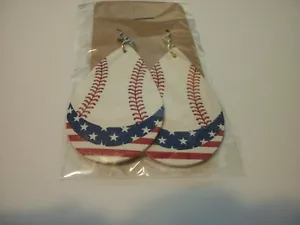 BASEBALL RED WHITE & BLUE PU LEATHER DOUBLE SIDED FISHHOOK STYLE EARRINGS - Picture 1 of 3