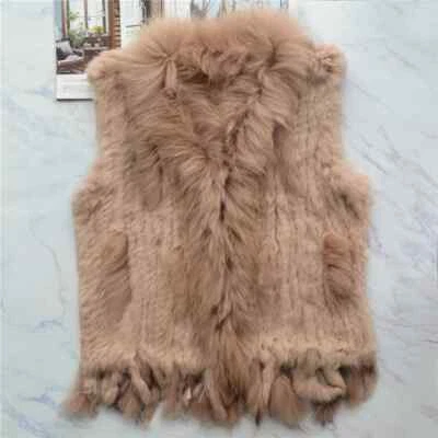 Women Genuine Rabbit Fur Vest Coat Tassels Raccoon Fur Collar Jacket Waistcoat - Image 1 of 4