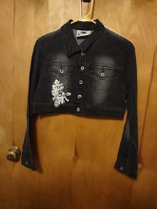 Cropped Embellished Black Denim Jacket Crest Jeans Silver & White Flower Sequins - Picture 1 of 7