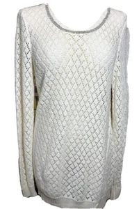 Maurices L pointelle Sweater Open Weave Tunic Cream Metallic accented neckline - Picture 1 of 12