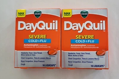 Лот из 2 жидкостей Vicks DayQuil Max Strength при тяжелой простуде и гриппе 16 капсул срок годности 11/26 - Изображение 1 из 4