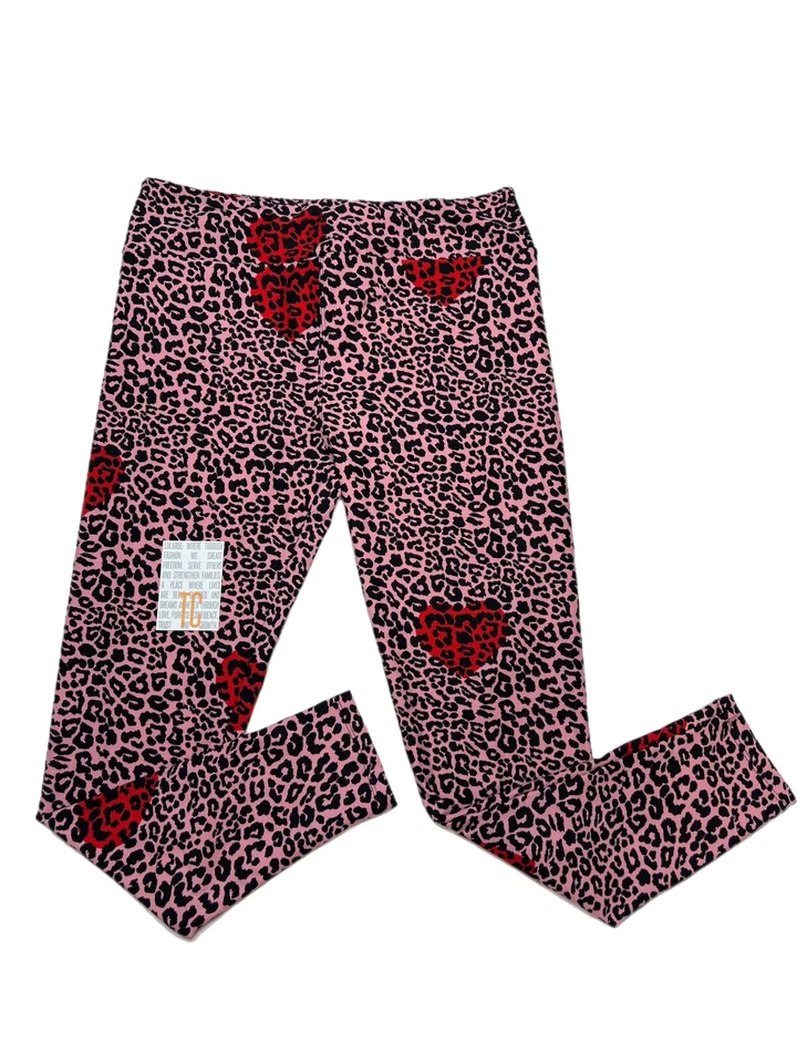 Leggings Tc LuLaRoe estampa de animal leopardo em preto e rosa CORAÇÕES ajuste raro 12/18 - Imagem 1 de 1