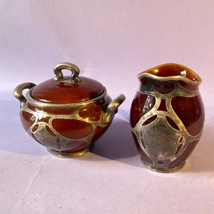 Antique Lenox Art Nouveau Silver Overlay Creamer and Sugar Bowl c. 1906-1930 - Picture 1 of 20