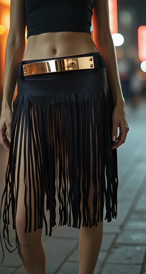 Mujeres Negro Envolvente Largo Flecos Borla Sexy Falda Cinturón Placa de Metal Dorado S M Foto 1 de 4