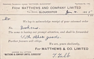 Postal comercial FLV 1925, Matthews & Co. (muebles) de Gloucester - Imagen 1 de 2