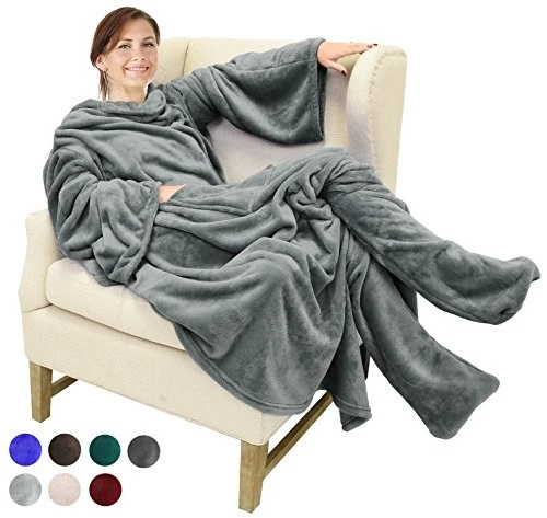 Fleece Blanket With Sleeves & Foot Pockets Grey Micro 190 X 135 Cm Gray