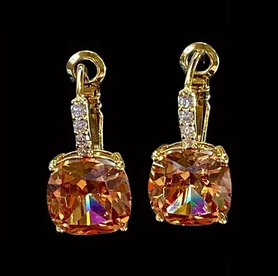 5CT Orange Morganite Gemstone Cushion Drop Earrings 18k Gold Plated Jewelry Gift - Image 1 of 4