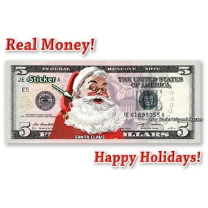 WEIHNACHTSMANN auf einem echten FÜNF-Dollar-Schein Bargeld Geld Sammlerstück Weihnachtsgeschenk - Bild 1 von 5