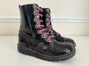 Girls Kickers Hi Top Black Patent Leather Boots Side Zip Black Pink Size UK 1 - Picture 1 of 13